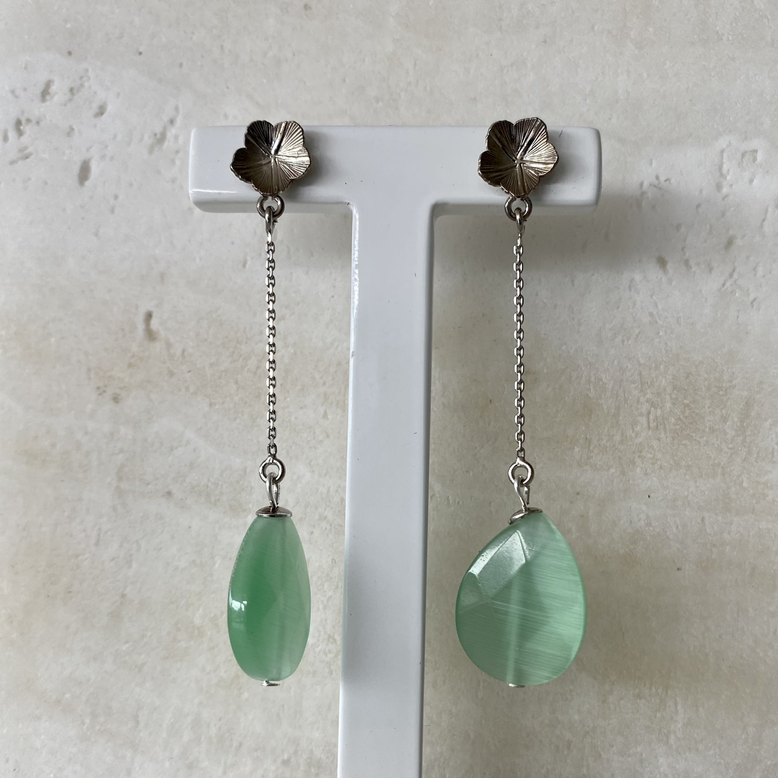 Petal silver long mint green earrings