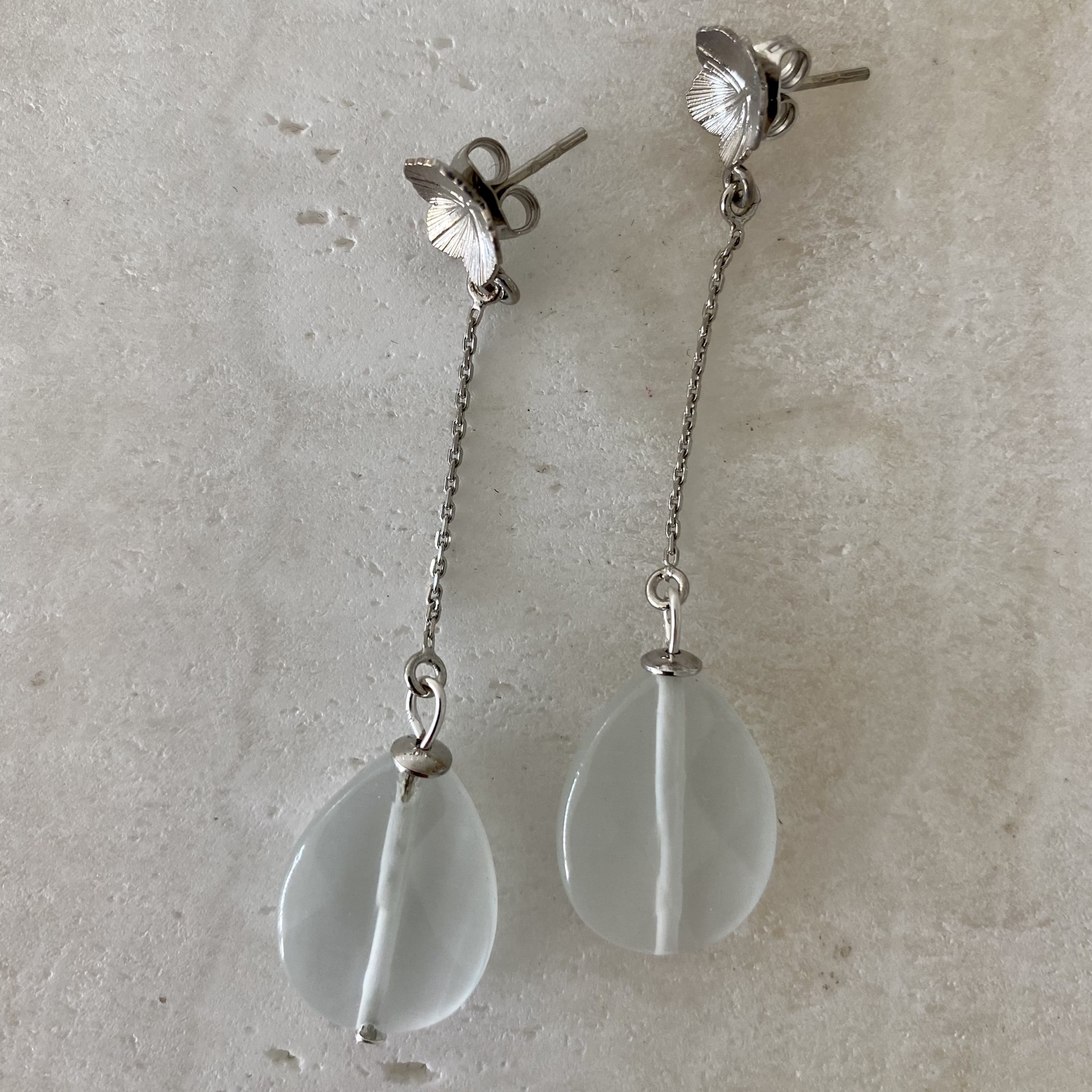 Petal silver long white earrings