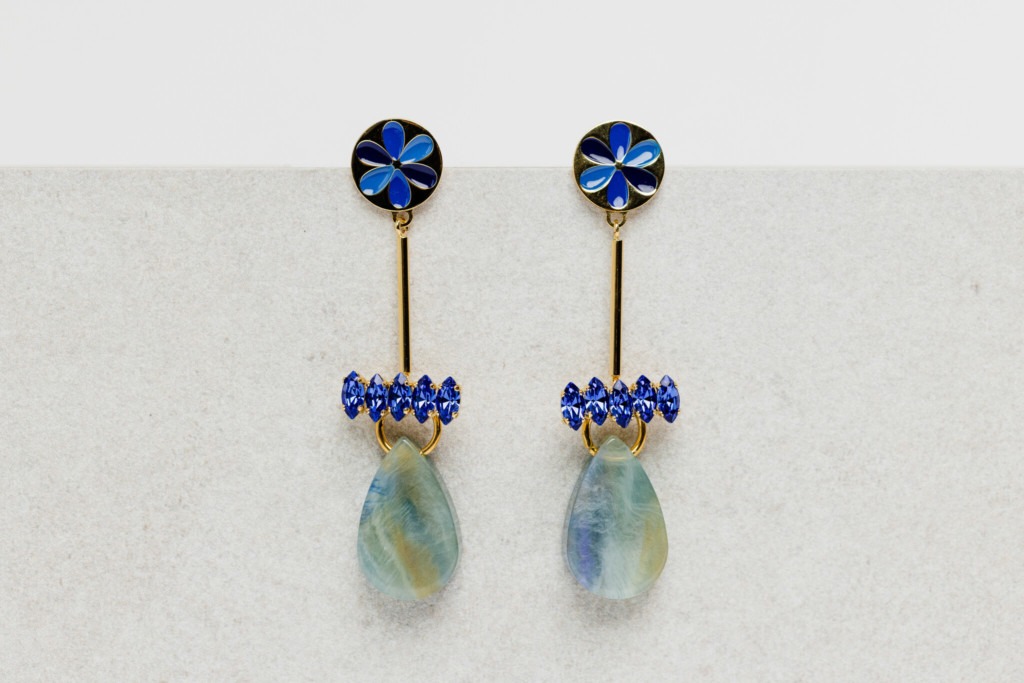 Flower blue long earrings