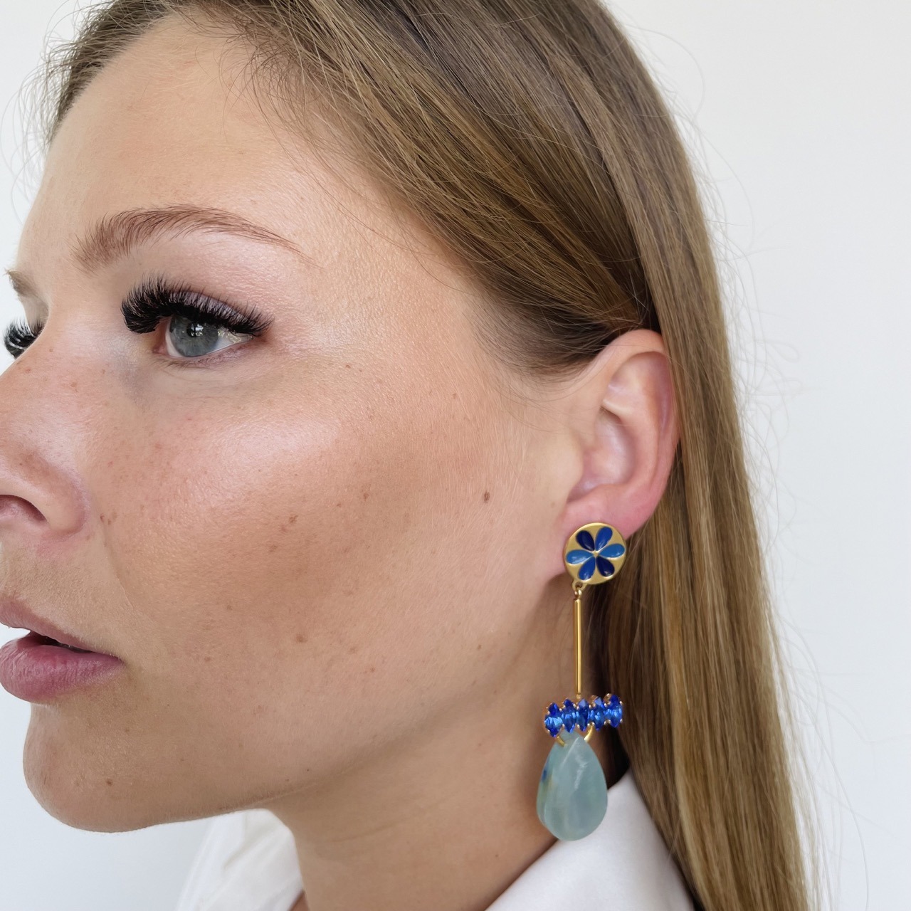 Flower blue long earrings