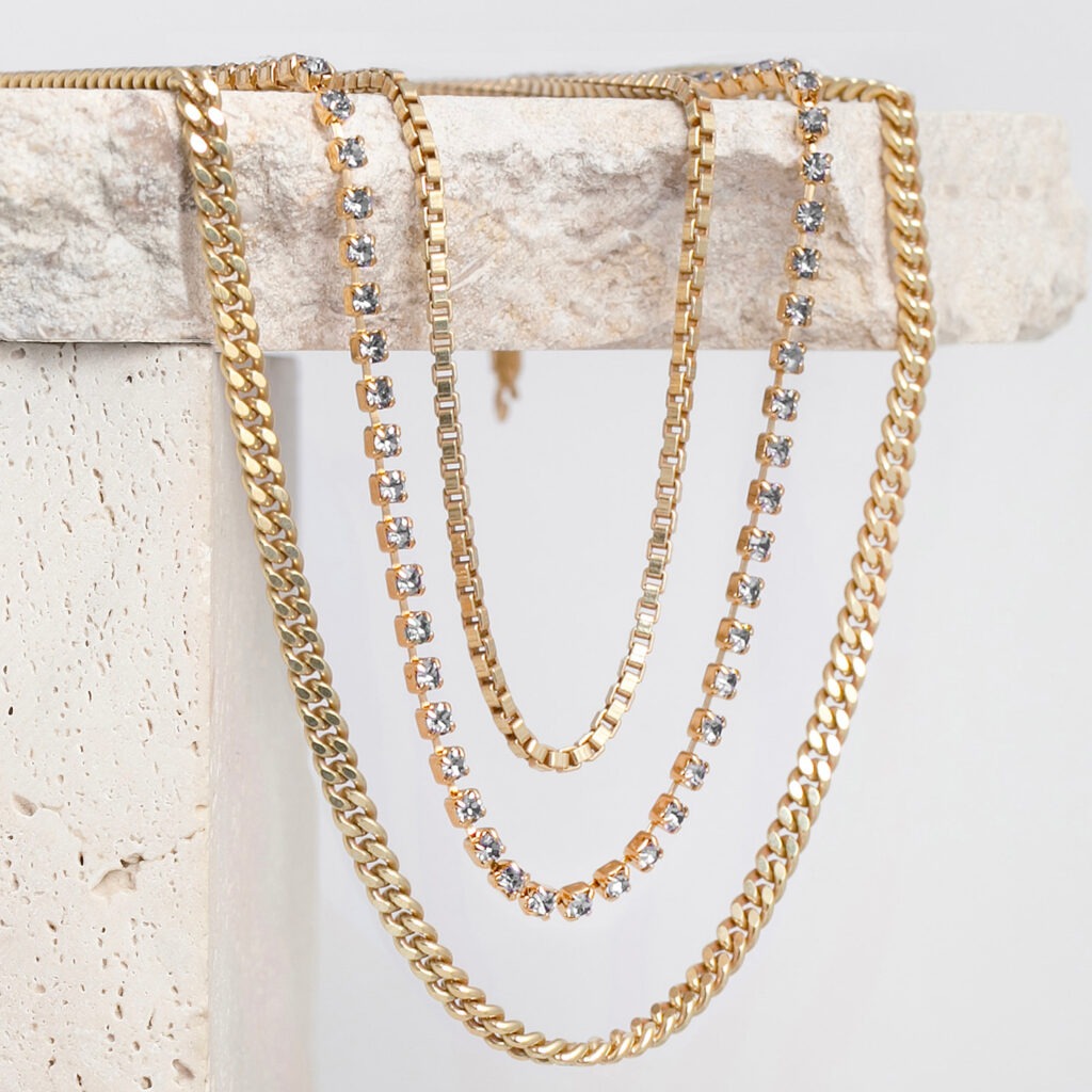 Tilly white crystal strass and chain trio necklace
