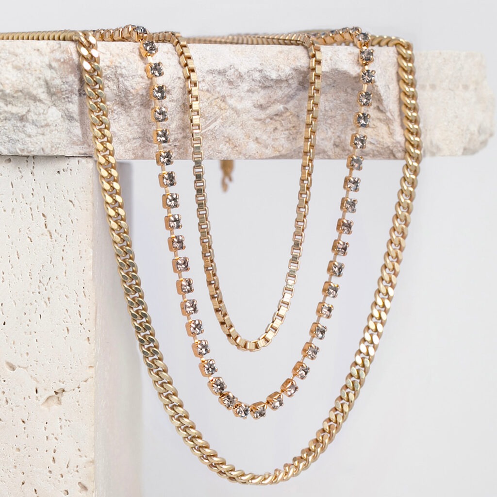 Tilly black diamond strass and chain trio necklace