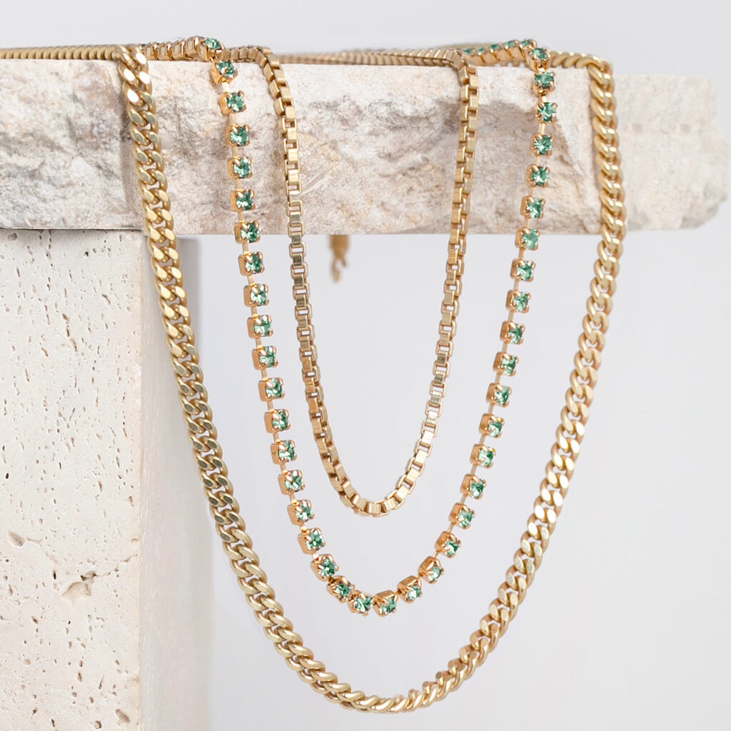 Tilly green strass and chain trio necklace