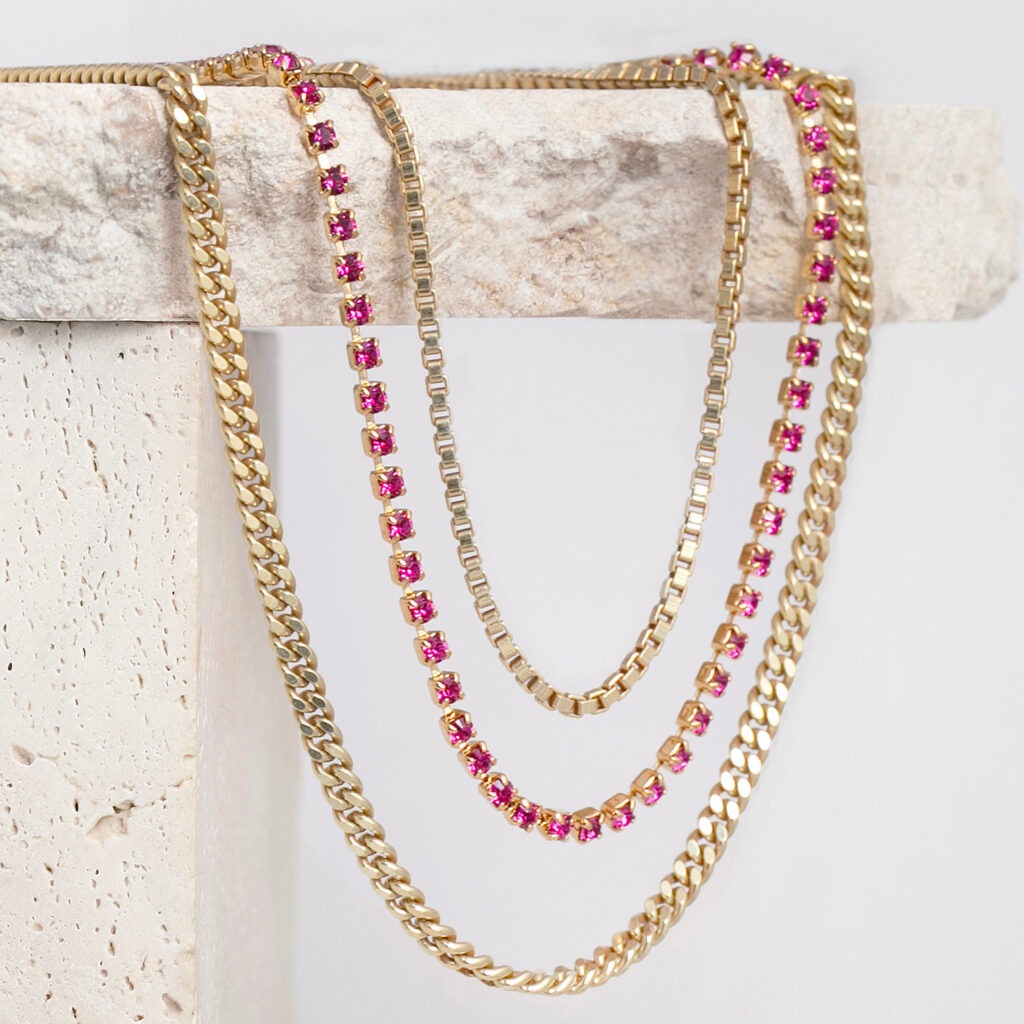 Tilly fuchsia strass and chain trio necklace
