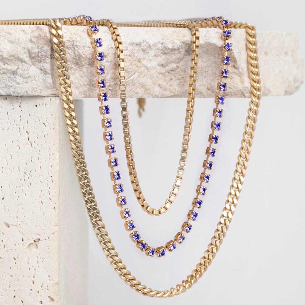 Tilly royal blue strass and chain trio necklace