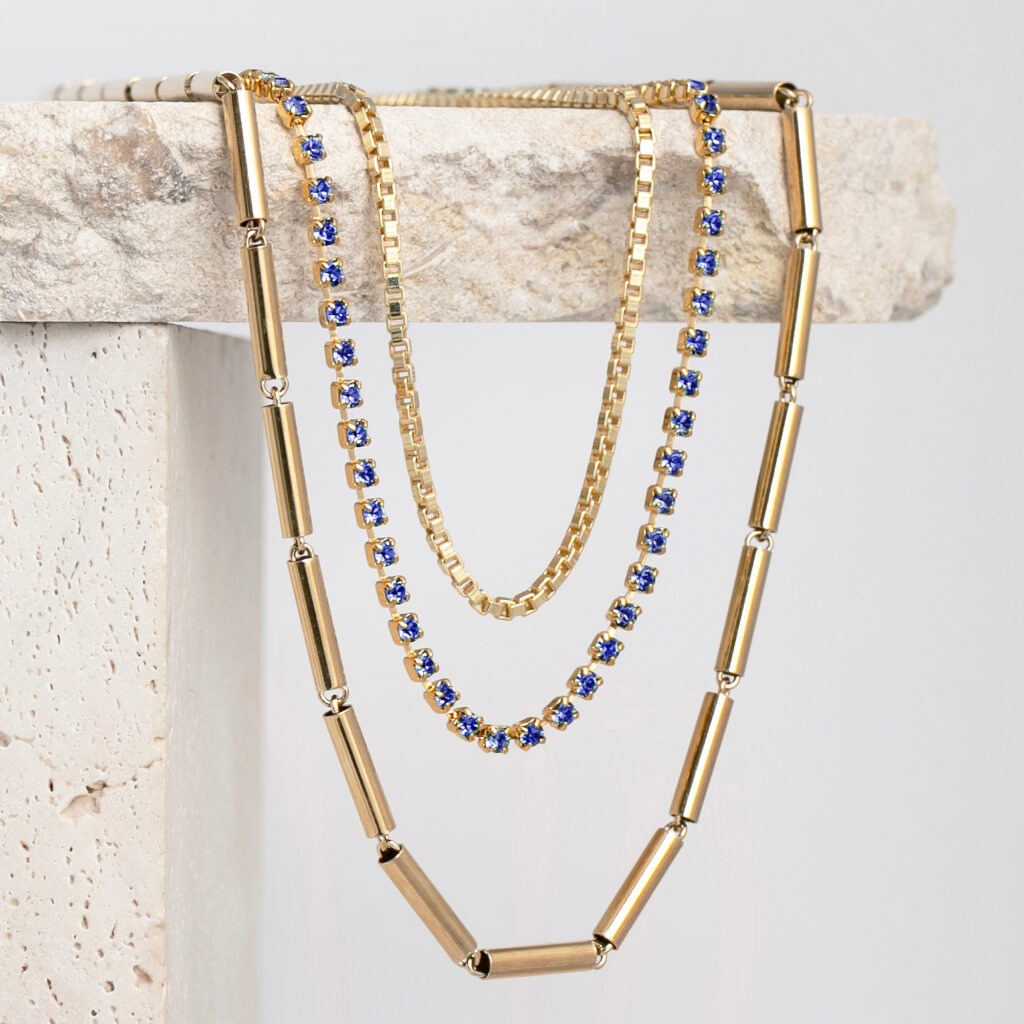 Tilly royal blue strass and tube chain necklace