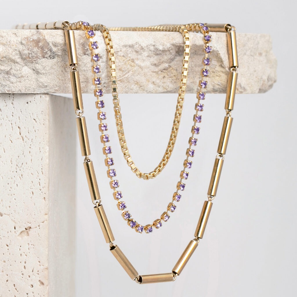 Tilly lilac strass and tube chain necklace
