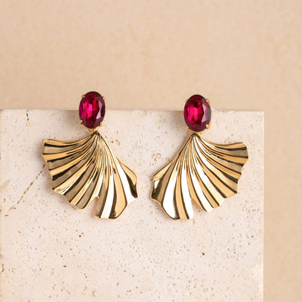 Ginkgo statement fuchsia stone earrings