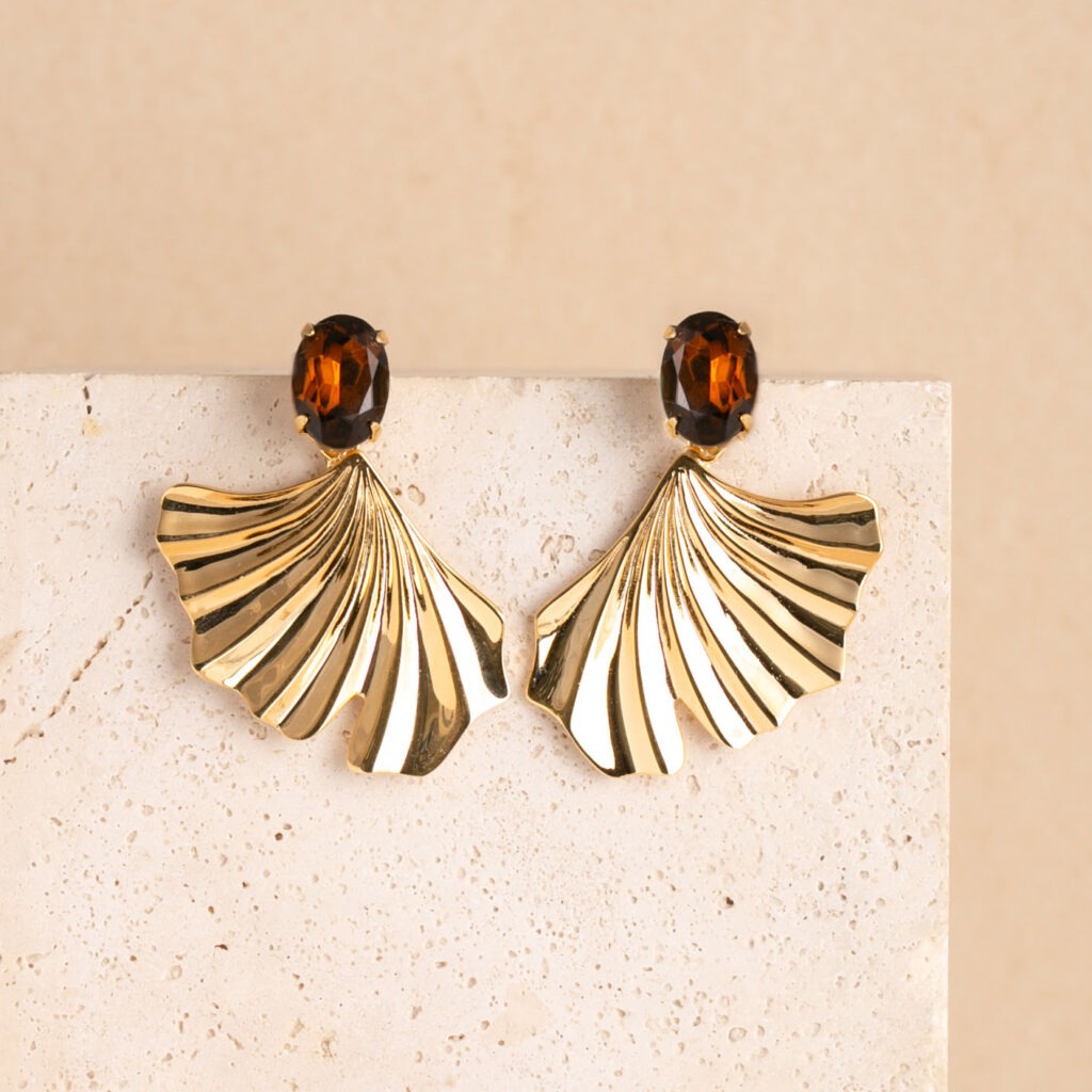 Ginkgo statement cognac stone earrings