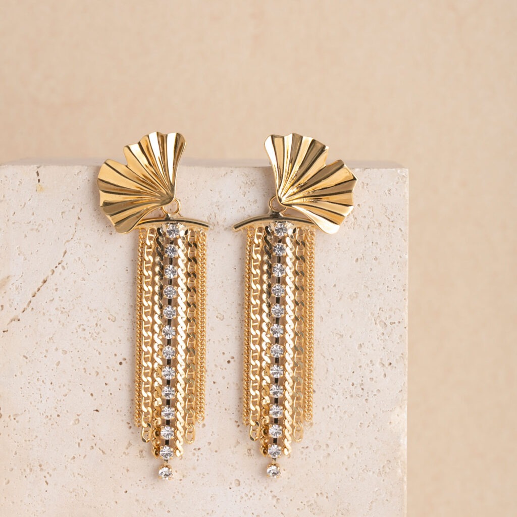 Ginkgo chain white strass long earrings