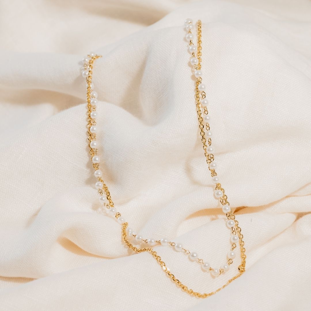 SALLY CHAIN DOUBLE SMALL PEARL LONG NECKLACE