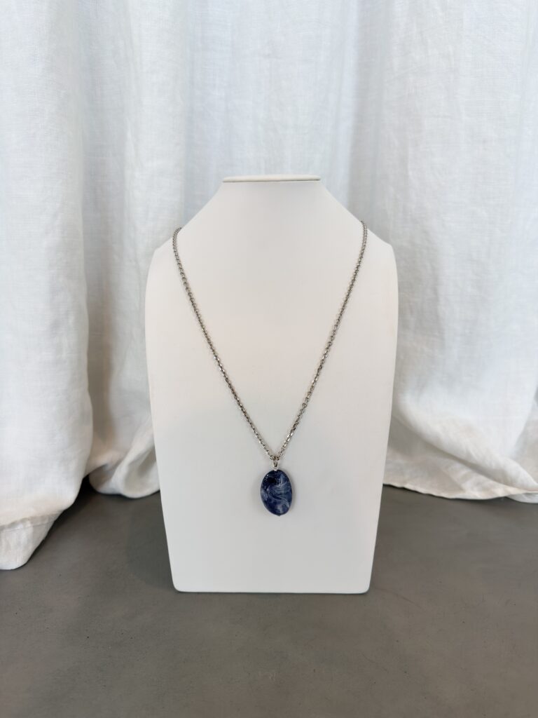 Sally fine chain silverlong necklace with blue charm